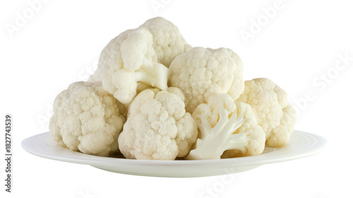 Fresh cauliflower florets on a clean white plate isolated transparent background. Generative AI