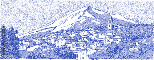 A blue and white drawing of a mountain and a town. The mountain is in the background and the town is in the foreground. vector illustration