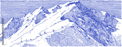 A mountain range with snow on the top. The mountain is blue and white. There are people on the mountain. vector illustration