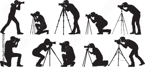 Silhouette of photographers in various poses with cameras and tripods