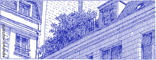 The image is a blue and white drawing of a building with a tree in front of it. The drawing is in black and white. vector illustration