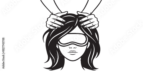 Woman head hair with eyes mask and masseur hands thin line icon, spa massage concept. Vector graphics. Massaging client head sign on white background, style icon mobile or web design