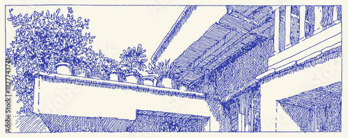 A blue and white drawing of a house with a balcony. The balcony has a railing and a potted plant on it. vector illustration