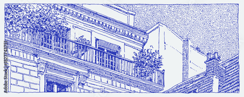 A blue and white drawing of a building with a balcony. The balcony has a potted plant on it. vector illustration
