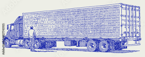 A blue semi truck with a man standing in front of it. The man is likely a truck driver or a mechanic. vector illustration