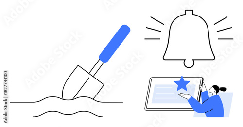 Shovel digging soil, bell with notification alert, person interacting with a digital tablet. Ideal for productivity, alerts, education, agriculture, communication, digital tools and interaction