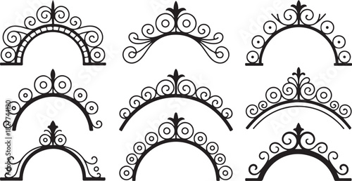 Collection of nine decorative black arched borders with swirling scrollwork and floral elements on a white background