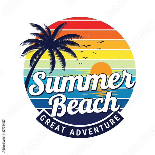 Summer Beach Adventure Logo – Tropical Sunset Palm Tree Vector Design