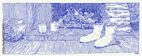 A blue and white drawing of a fireplace with a pair of white socks on the floor. There are two cups on the table. vector illustration