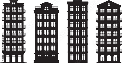 Collection of Silhouette Buildings with Balconies and Windows on White Background architecture