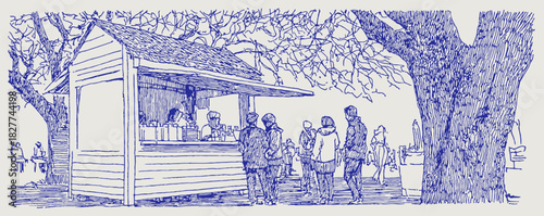 A blue and white drawing of people standing around a small building. There are several people in the scene. vector illustration