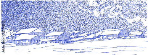 A blue and white drawing of a snowy landscape with a row of houses. The houses are all different sizes and are situated on a hill. vector illustration