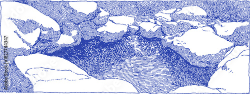A blue and white drawing of a river with rocks in the background. The water is calm and clear. vector illustration