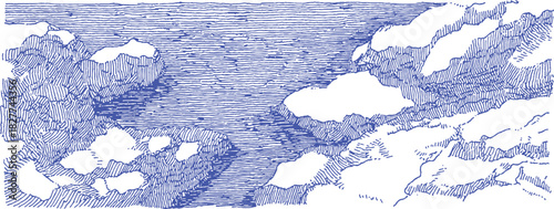 A blue and white drawing of a rocky shoreline with a river running through it. The water is choppy and the rocks are jagged. vector illustration