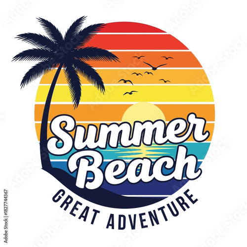 Summer Beach Adventure Logo – Tropical Sunset Palm Tree Vector Design