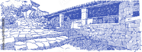 The image is a blue and white drawing of a stone walkway with steps and a stone wall. The walkway is located in a rural area. vector illustration