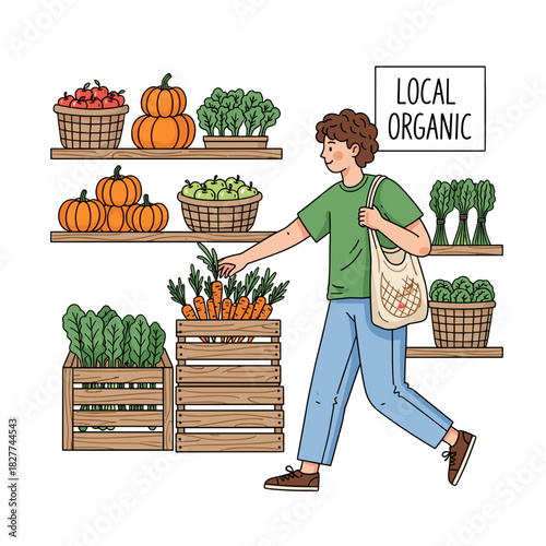 Young man shopping for fresh organic vegetables at farmer market  