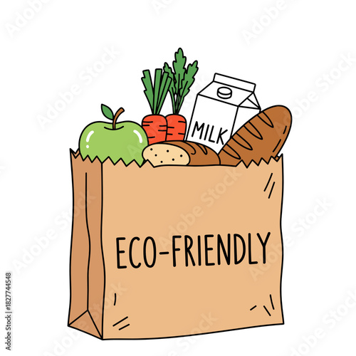 Eco-friendly shopping bag filled with fresh groceries and produce  