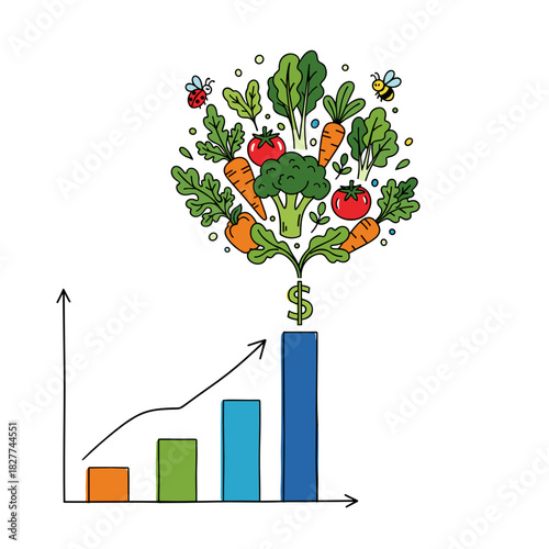 Fresh vegetables growing with profits illustrated as a bar graph  
