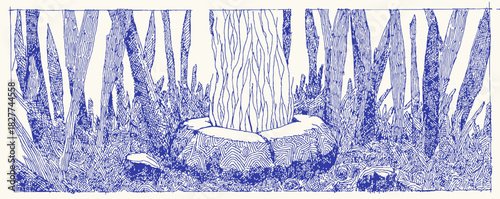 A blue and white drawing of a tree stump. The stump is surrounded by grass and is in the middle of a forest. vector illustration