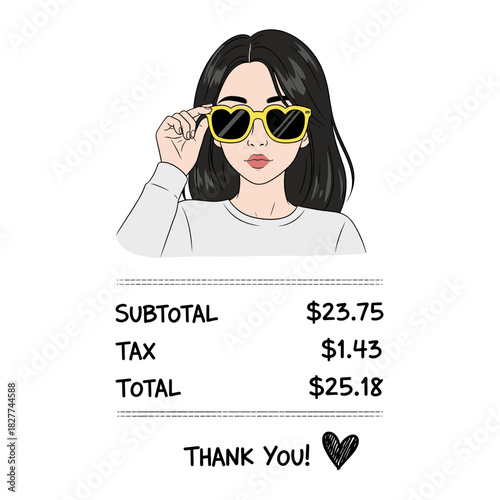 Young woman with heart-shaped sunglasses holding digital receipt  