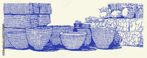 A blue and white drawing of a row of pots. The pots are of different sizes and are arranged in a line. vector illustration