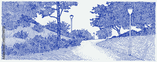 The image is a blue and white drawing of a path surrounded by trees. The path is narrow and winding. vector illustration