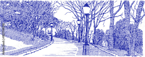 A blue and white drawing of a street with a sidewalk and trees. A person is walking down the sidewalk. vector illustration