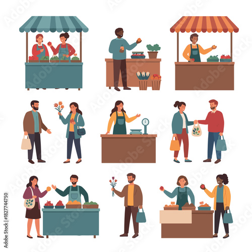 Diverse people shopping together at a modern farmer market with fresh products  