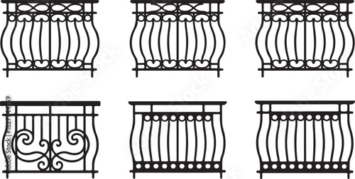 Collection of Six Ornate Black Balcony Railing Silhouettes with Heart Motifs selection