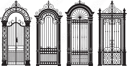 Decorative Wrought Iron Gates and Arch Silhouette Collection on White Background metal