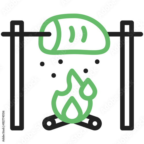 Campfire Culinary Creation: A stylized illustration showcases a piece of meat being cooked over an open campfire, depicting the rustic simplicity of outdoor cooking.