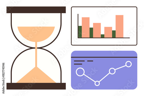Hourglass with sand timer, bar graph, and line chart reflecting time, data analysis, efficiency, and progress tracking. Ideal for productivity, strategy decision-making and performance. Simple flat
