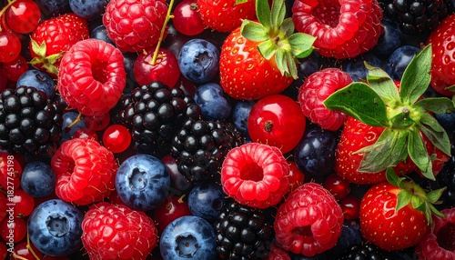 A vibrant close-up of assorted fresh berries strawberries, raspberries, blueberries, blackberries, and red currants