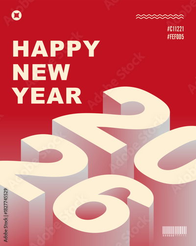 Striking poster design featuring large, white 2026 isometric typography with 3D depth effect, set against a bold, minimalist red background.