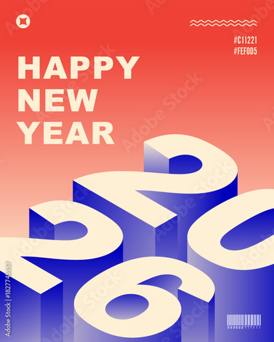Vibrant 2026 New Year geometric vector design with a striking Pop Art influence and strong modular pattern, utilizing a classic red, white, and blue color scheme.