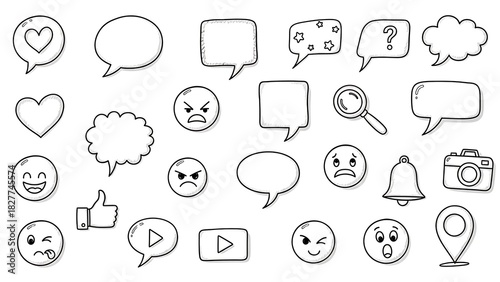 Hand drawn doodle set of social media icon, speech bubble, emoji, and communication symbol isolated on white background