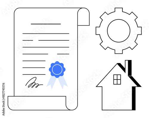 Scroll with blue certification seal, house icon, and gear representing accreditation, property ownership, process, contract, housing, agreement development. Ideal for legal certification real