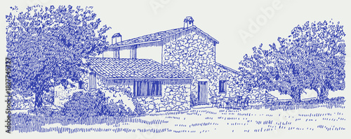 A blue and white drawing of a house with a stone roof. The house has a stone chimney and a stone wall. vector illustration