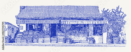 A blue and white drawing of a building with a roof. The building has a porch and a balcony. vector illustration