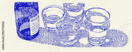 A blue and white drawing of a table with a bottle and four glasses. The bottle is on the left side of the table. vector illustration