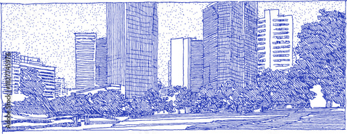 A blue and white drawing of a city with a park in the foreground. The drawing is in black and white and has a pixelated look. vector illustration