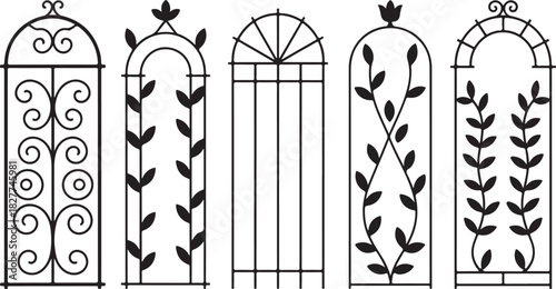 Five black silhouette decorative arched panels with scrollwork, floral, and geometric designs