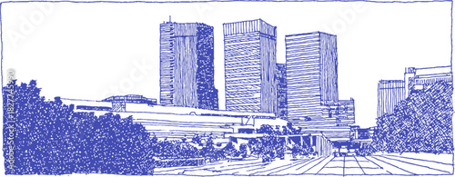 The image is a blue and white drawing of a city street with a large building in the middle. The building is surrounded by trees. vector illustration