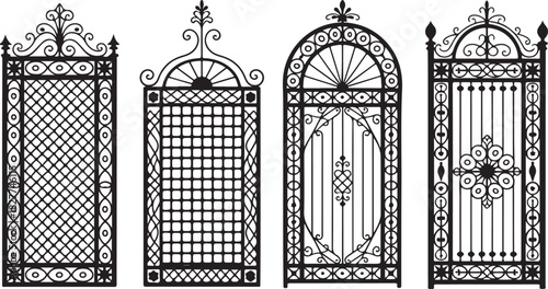 Four Black Ornate Wrought Iron Gate Designs on White Background decorative vintage