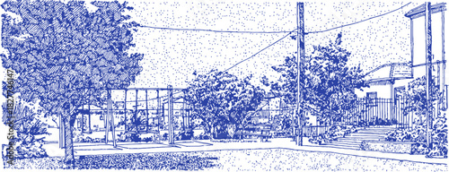A blue and white drawing of a street with a tree and a pole. The pole is holding a wire. vector illustration
