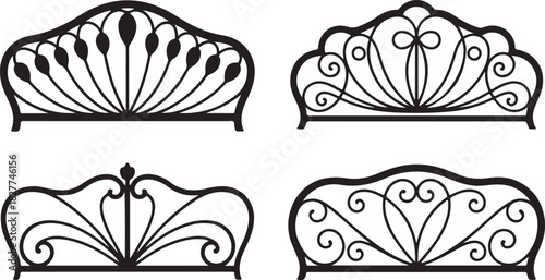 Four Black Ornate Wrought Iron Headboard Designs with Scrollwork and Fan Motifs on White Background