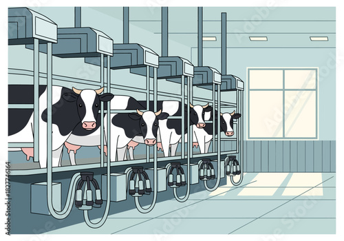 Automated milking parlor with a row of Holstein cows.