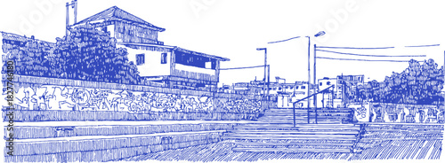 A blue and white drawing of a city street with a house in the background. There are several people walking around the area. vector illustration