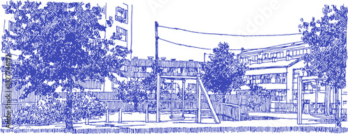 A blue and white drawing of a park with a playground. The playground has a swing set and a slide. vector illustration